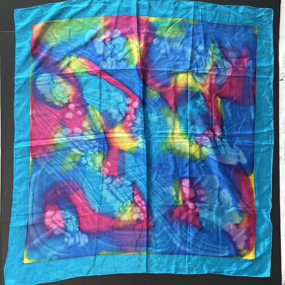 Handcrafted Multicolor Tie Dye 100% Silk Scarf‎ 34"x 35" Rolled Edge Handsewn - Picture 2 of 7